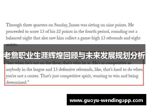 老詹职业生涯辉煌回顾与未来发展规划分析